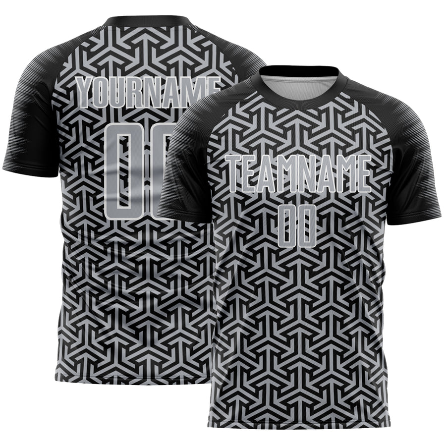 Custom Black Gray-White Geometric Arrow Sublimation Soccer Uniform Jersey