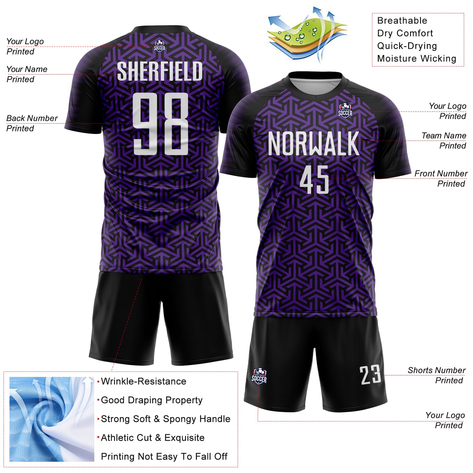 Custom Black White-Purple Geometric Arrow Sublimation Soccer Uniform Jersey