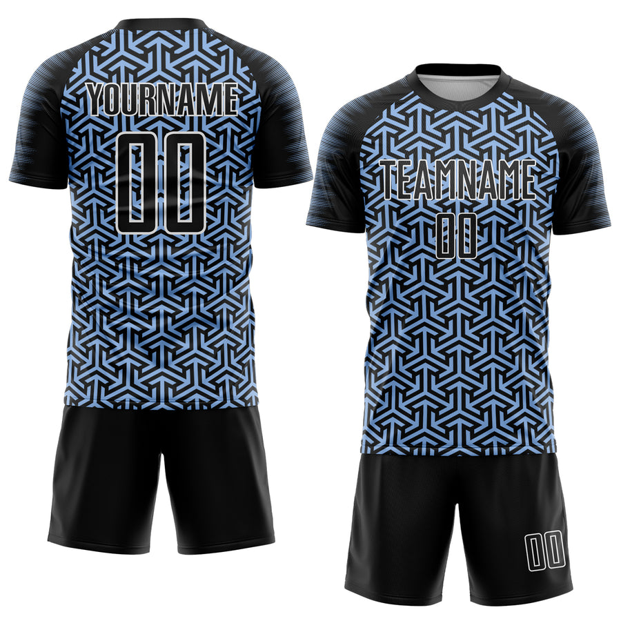 Custom Black Light Blue-White Geometric Arrow Sublimation Soccer Uniform Jersey