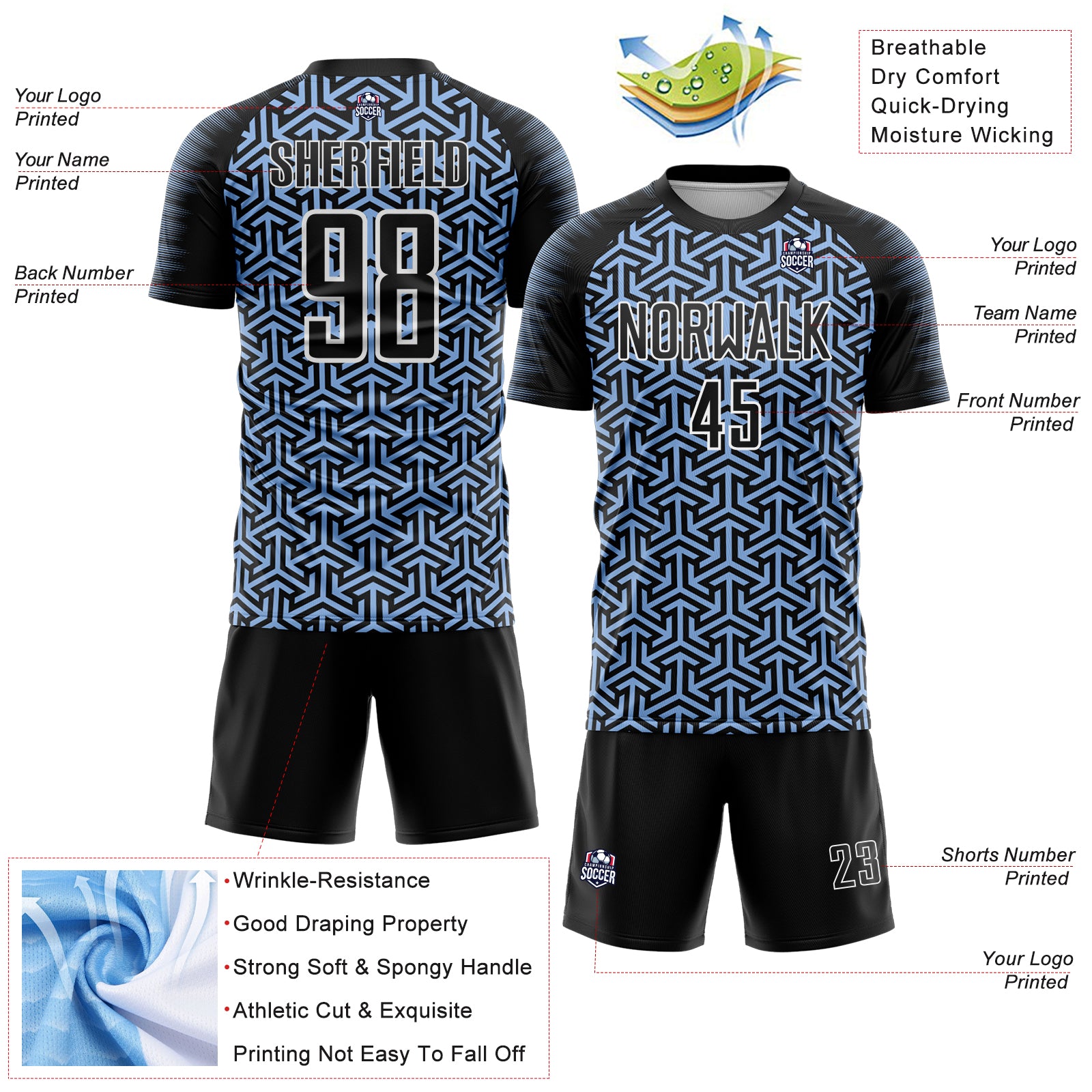 Custom Black Light Blue-White Geometric Arrow Sublimation Soccer Uniform Jersey