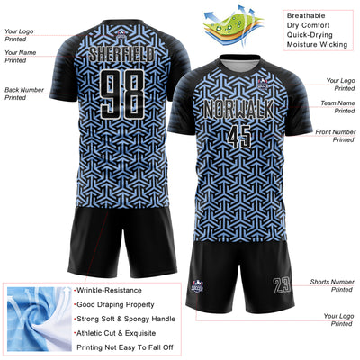 Custom Black Light Blue-White Geometric Arrow Sublimation Soccer Uniform Jersey