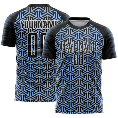 Custom Black Light Blue-White Geometric Arrow Sublimation Soccer Uniform Jersey