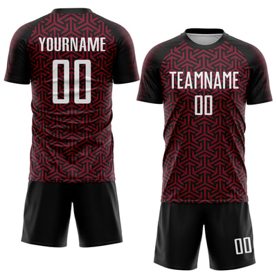 Custom Black White-Crimson Geometric Arrow Sublimation Soccer Uniform Jersey