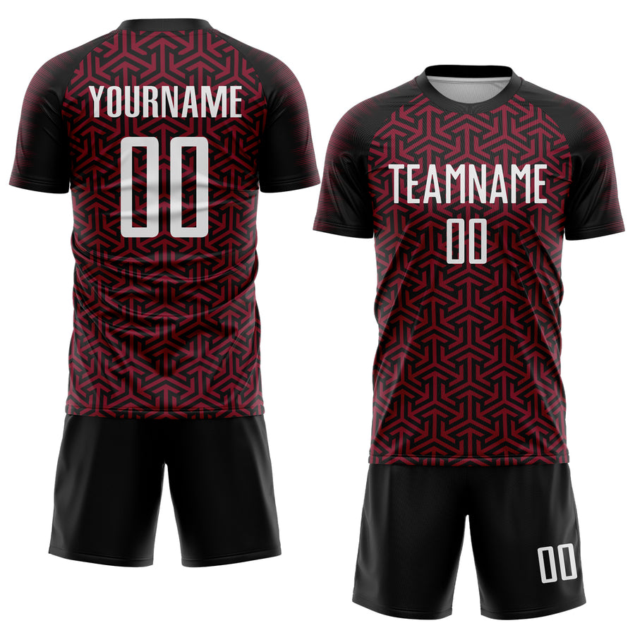 Custom Black White-Crimson Geometric Arrow Sublimation Soccer Uniform Jersey