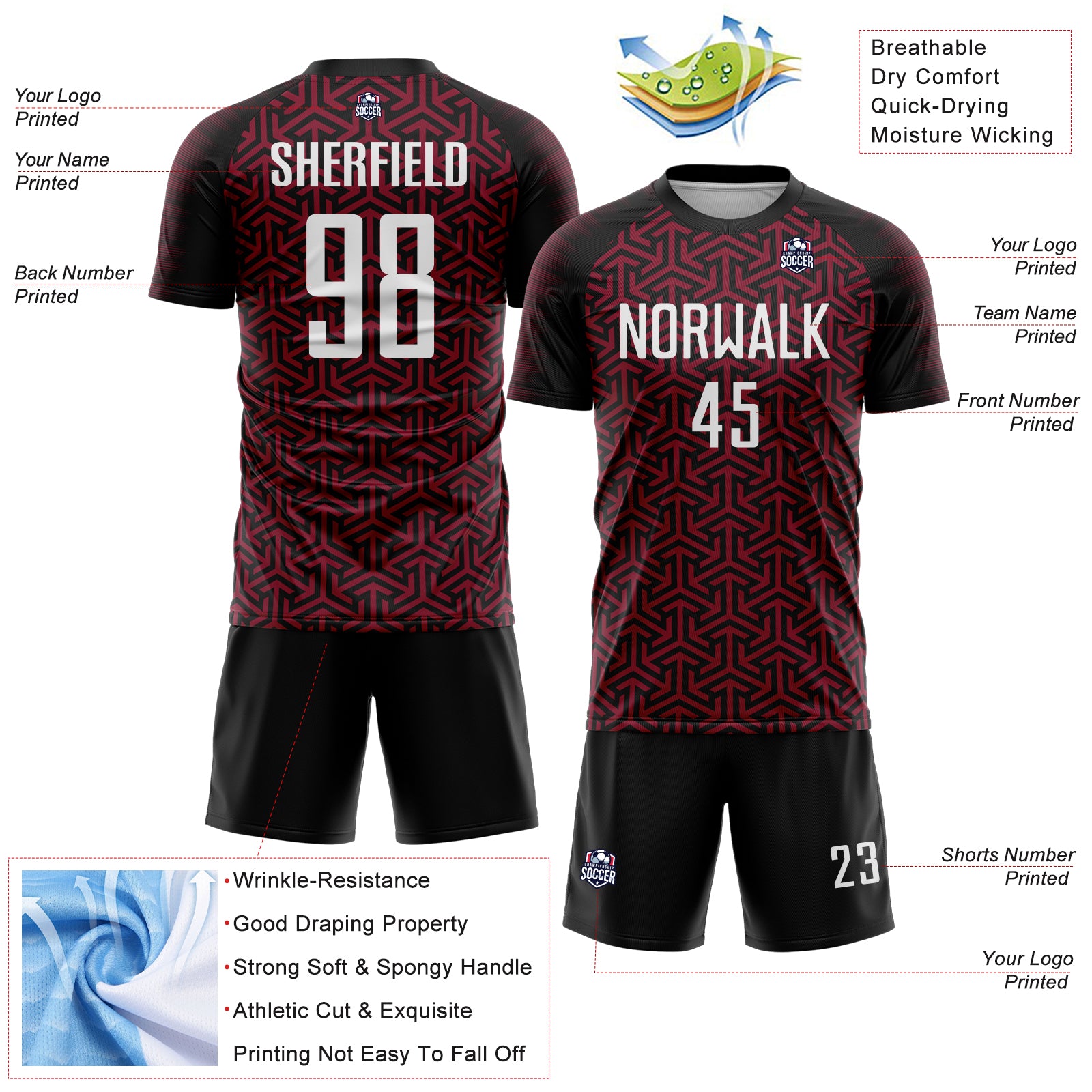 Custom Black White-Crimson Geometric Arrow Sublimation Soccer Uniform Jersey