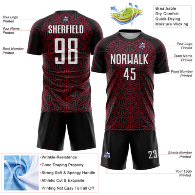Custom Black White-Crimson Geometric Arrow Sublimation Soccer Uniform Jersey