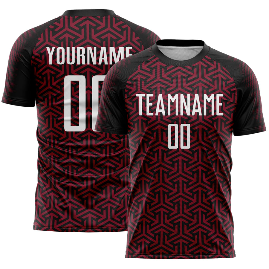 Custom Black White-Crimson Geometric Arrow Sublimation Soccer Uniform Jersey