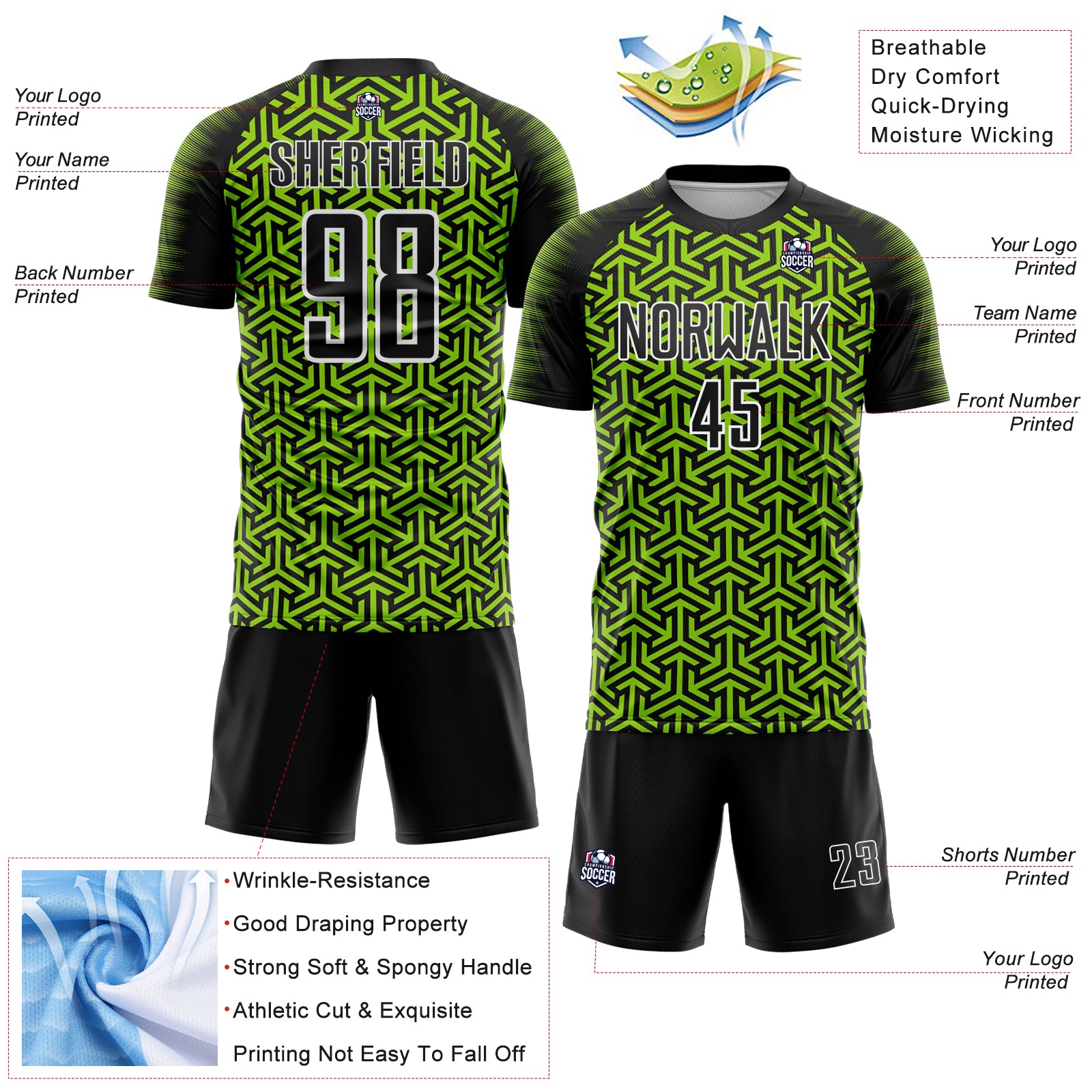 Custom Black Neon Green-White Geometric Arrow Sublimation Soccer Uniform Jersey