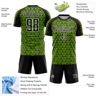 Custom Black Neon Green-White Geometric Arrow Sublimation Soccer Uniform Jersey