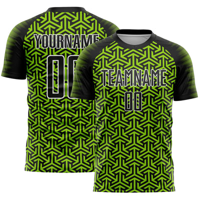 Custom Black Neon Green-White Geometric Arrow Sublimation Soccer Uniform Jersey