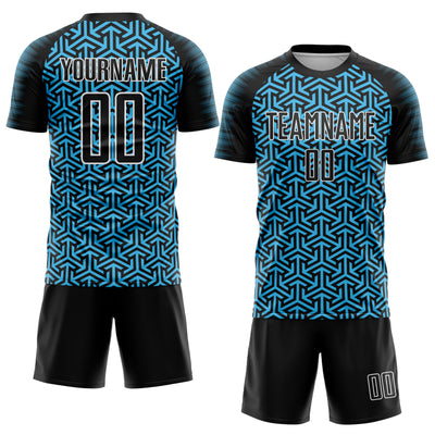 Custom Black Sky Blue-White Geometric Arrow Sublimation Soccer Uniform Jersey