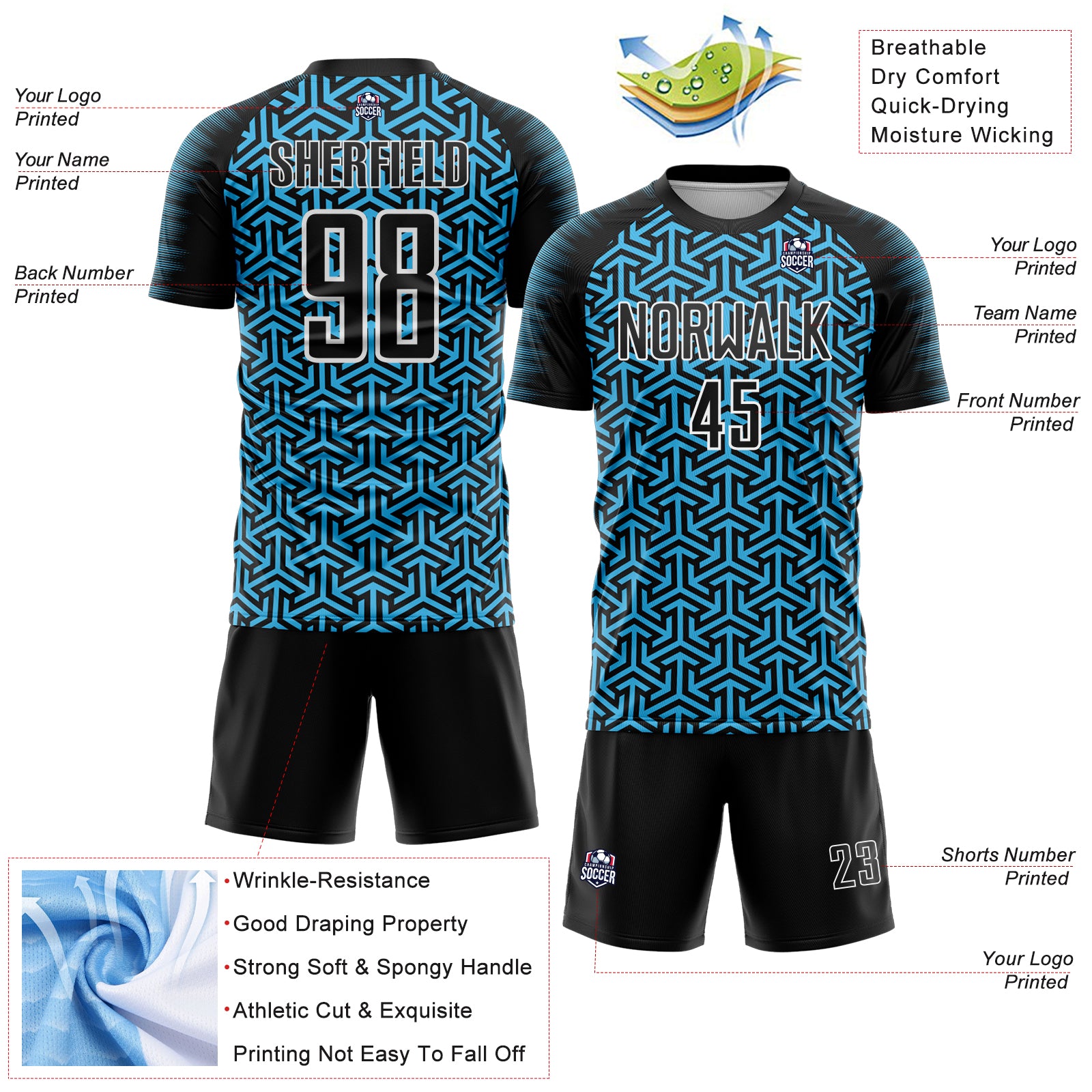 Custom Black Sky Blue-White Geometric Arrow Sublimation Soccer Uniform Jersey
