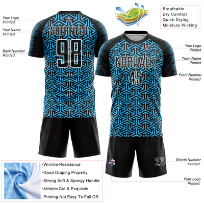 Custom Black Sky Blue-White Geometric Arrow Sublimation Soccer Uniform Jersey