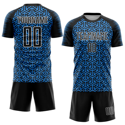 Custom Black Powder Blue-White Geometric Arrow Sublimation Soccer Uniform Jersey