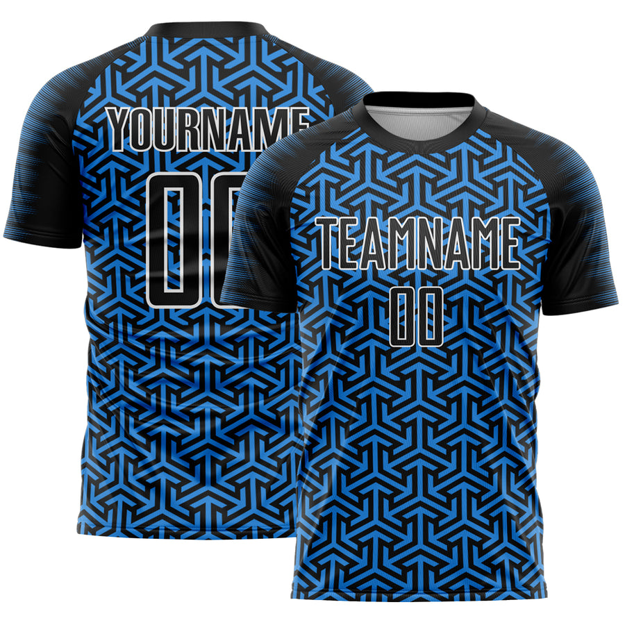 Custom Black Powder Blue-White Geometric Arrow Sublimation Soccer Uniform Jersey