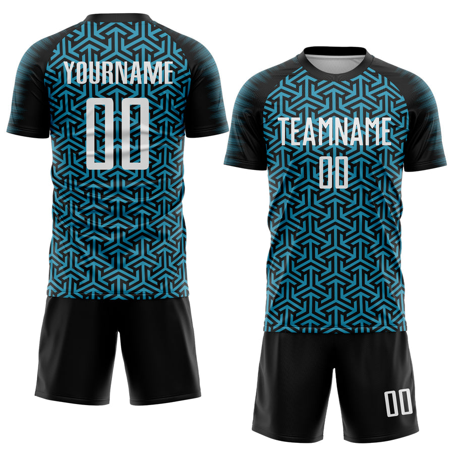 Custom Black White-Panther Blue Geometric Arrow Sublimation Soccer Uniform Jersey