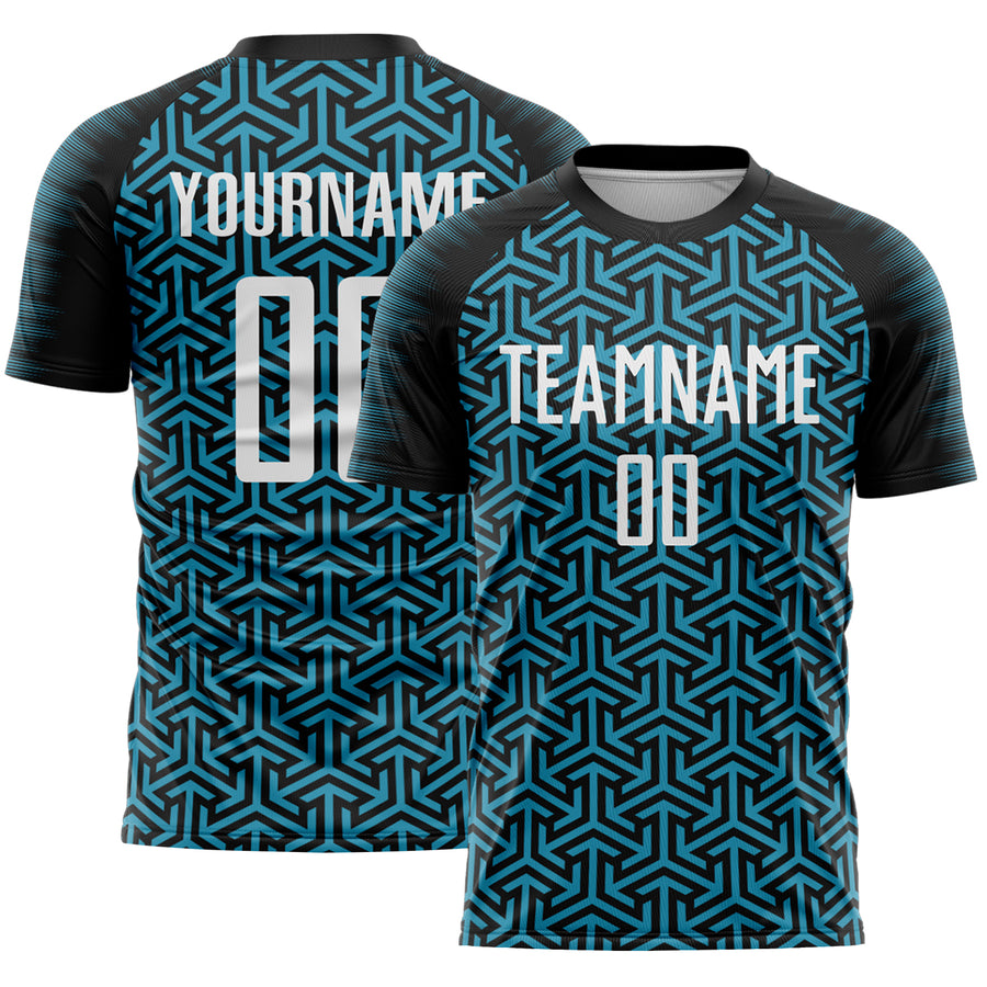 Custom Black White-Panther Blue Geometric Arrow Sublimation Soccer Uniform Jersey