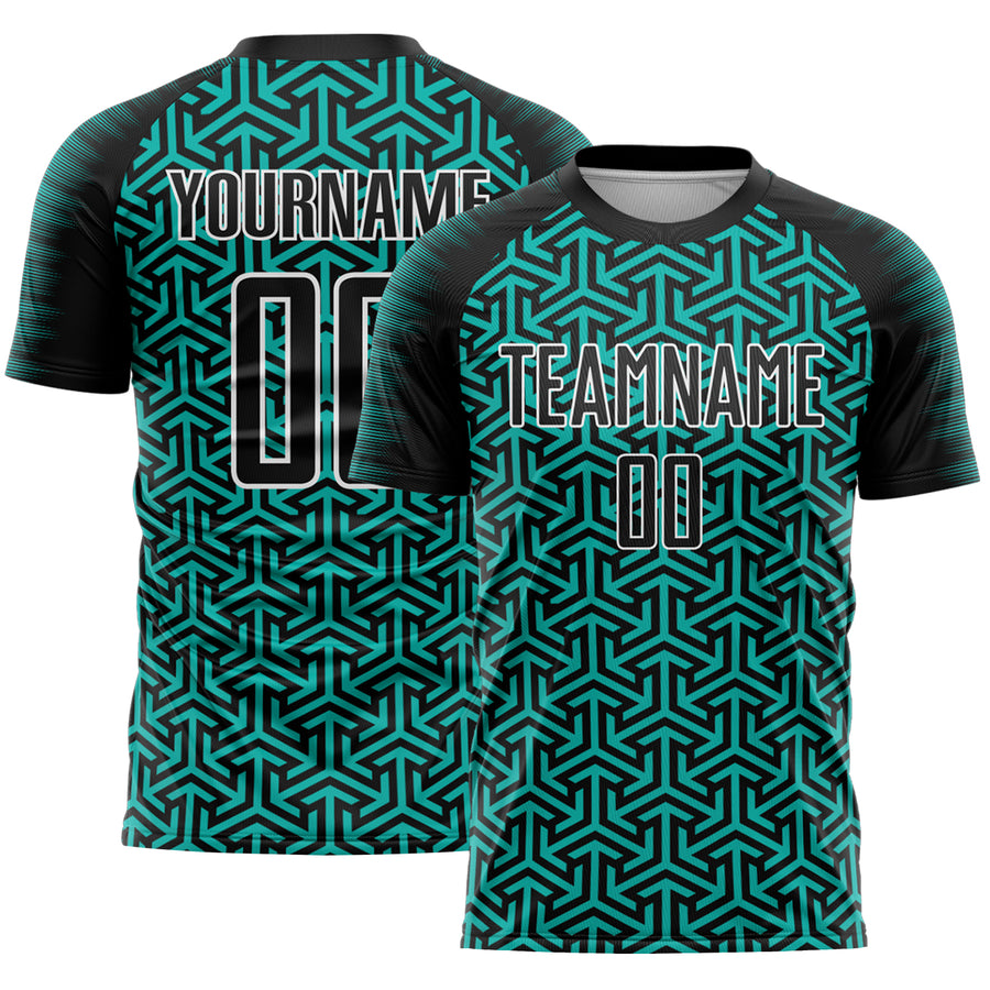 Custom Black Aqua-White Geometric Arrow Sublimation Soccer Uniform Jersey