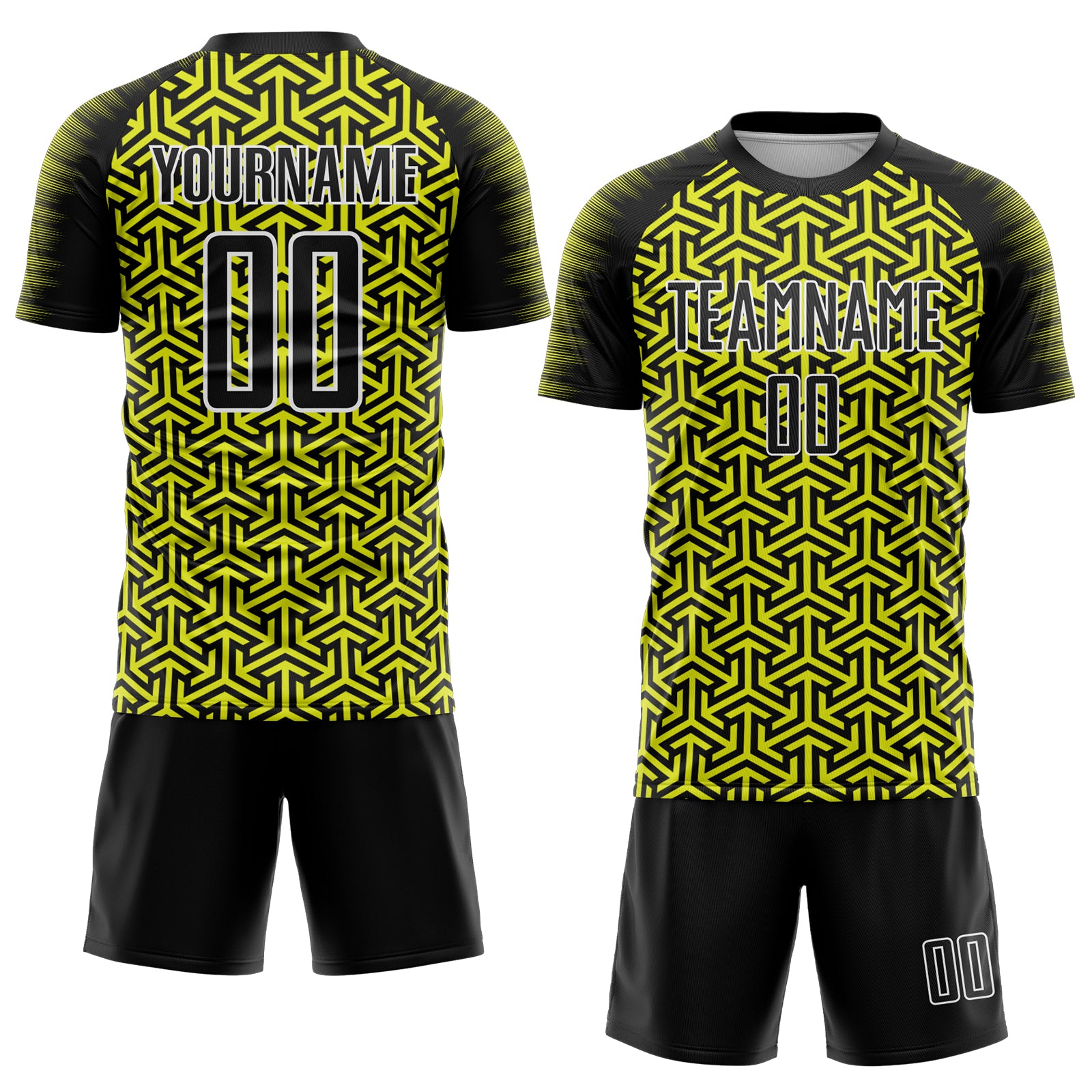 Custom Black Neon Yellow-White Geometric Arrow Sublimation Soccer Uniform Jersey