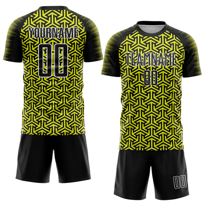 Custom Black Neon Yellow-White Geometric Arrow Sublimation Soccer Uniform Jersey