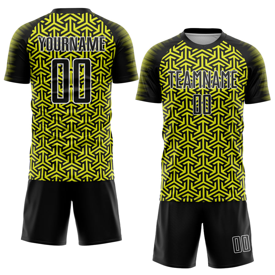 Custom Black Neon Yellow-White Geometric Arrow Sublimation Soccer Uniform Jersey