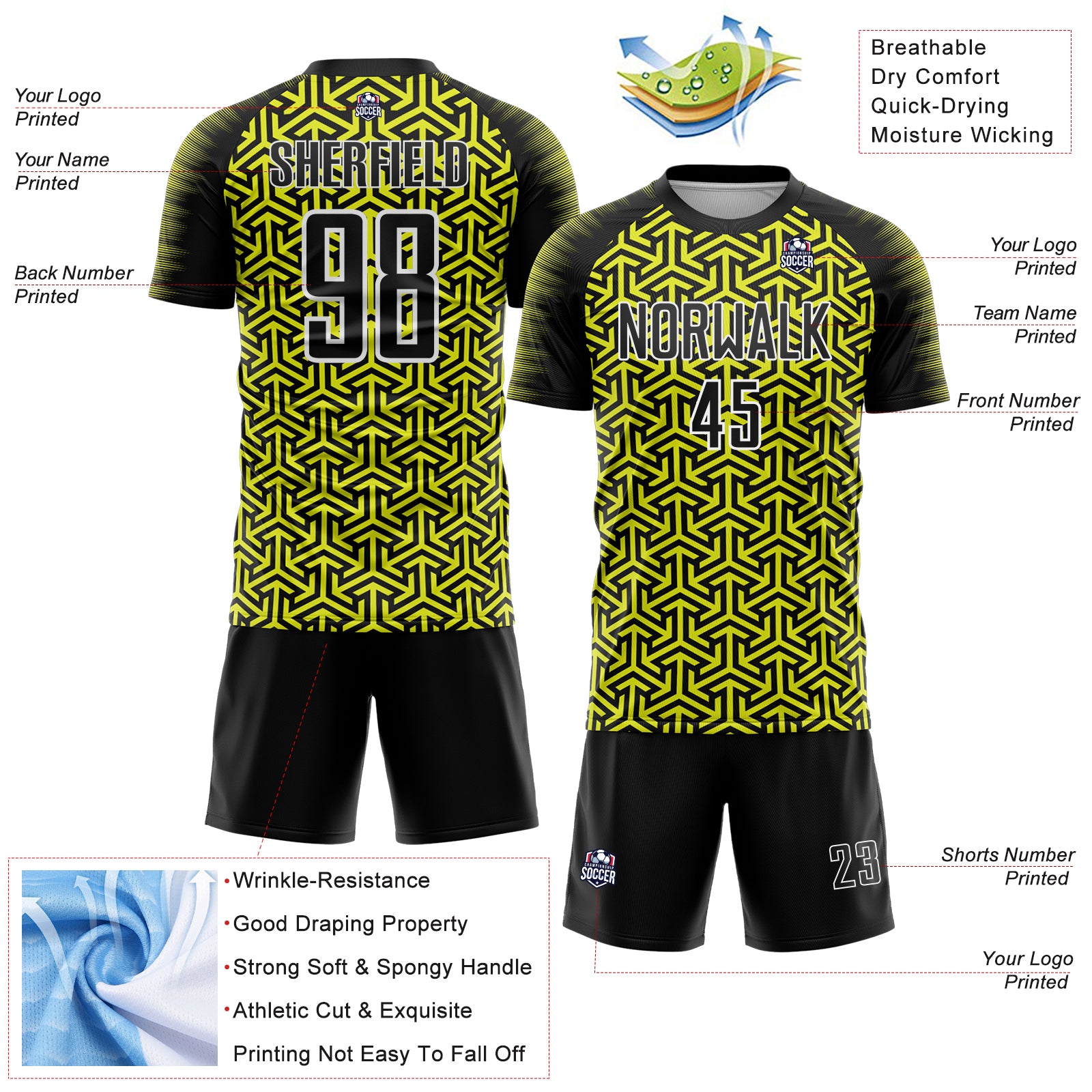 Custom Black Neon Yellow-White Geometric Arrow Sublimation Soccer Uniform Jersey