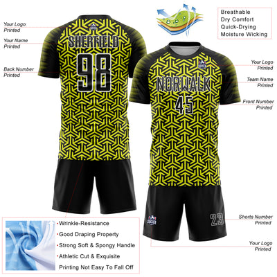 Custom Black Neon Yellow-White Geometric Arrow Sublimation Soccer Uniform Jersey
