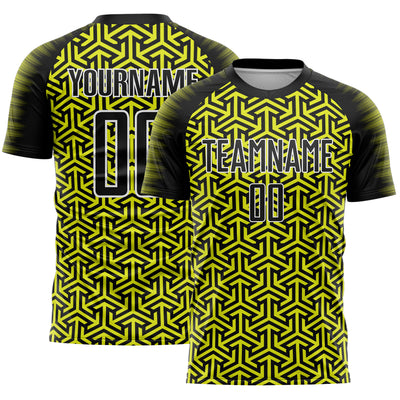 Custom Black Neon Yellow-White Geometric Arrow Sublimation Soccer Uniform Jersey