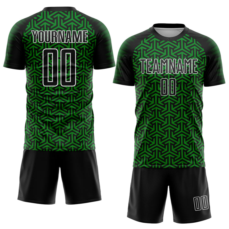 Custom Black Grass Green-White Geometric Arrow Sublimation Soccer Uniform Jersey
