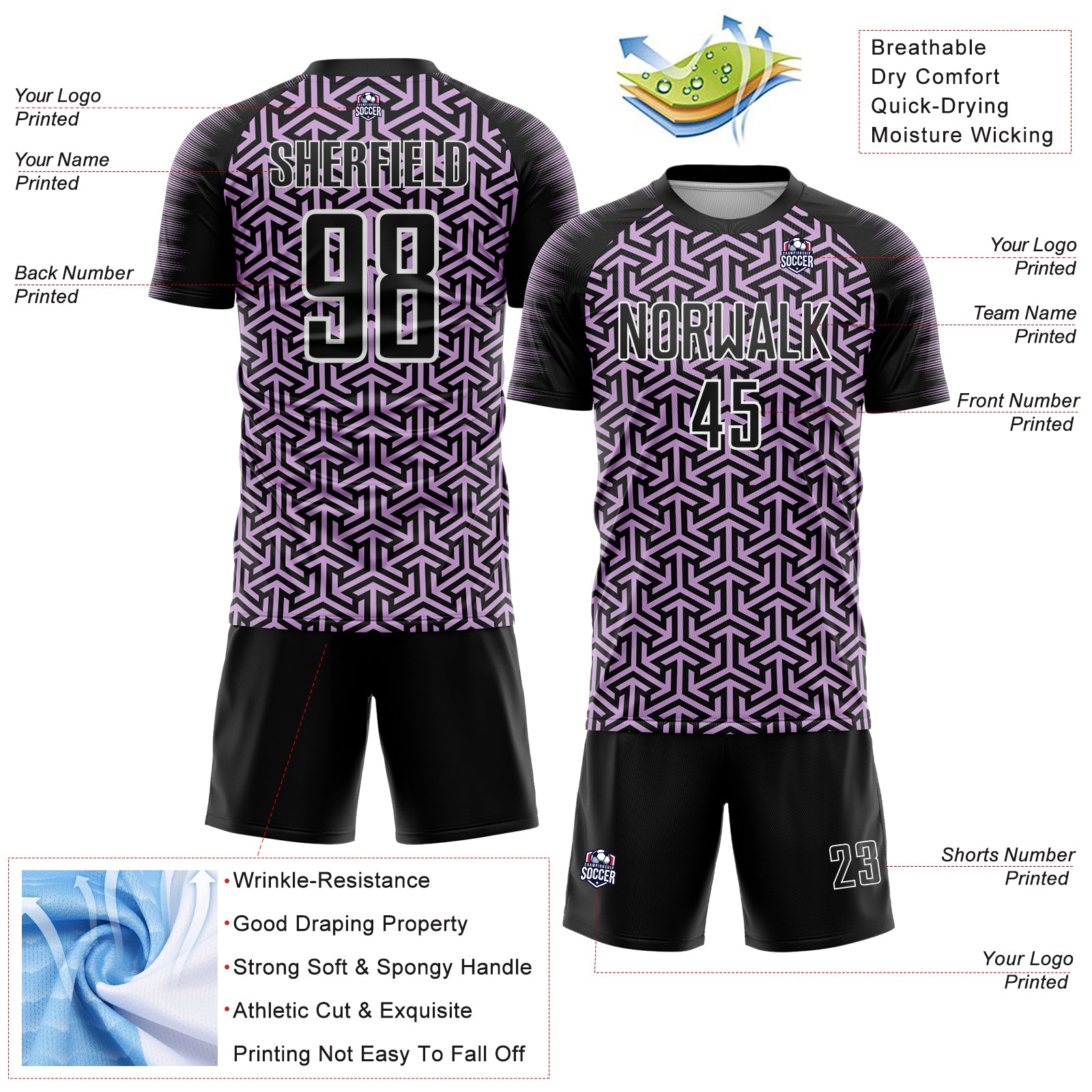 Custom Black Light Purple-White Geometric Arrow Sublimation Soccer Uniform Jersey