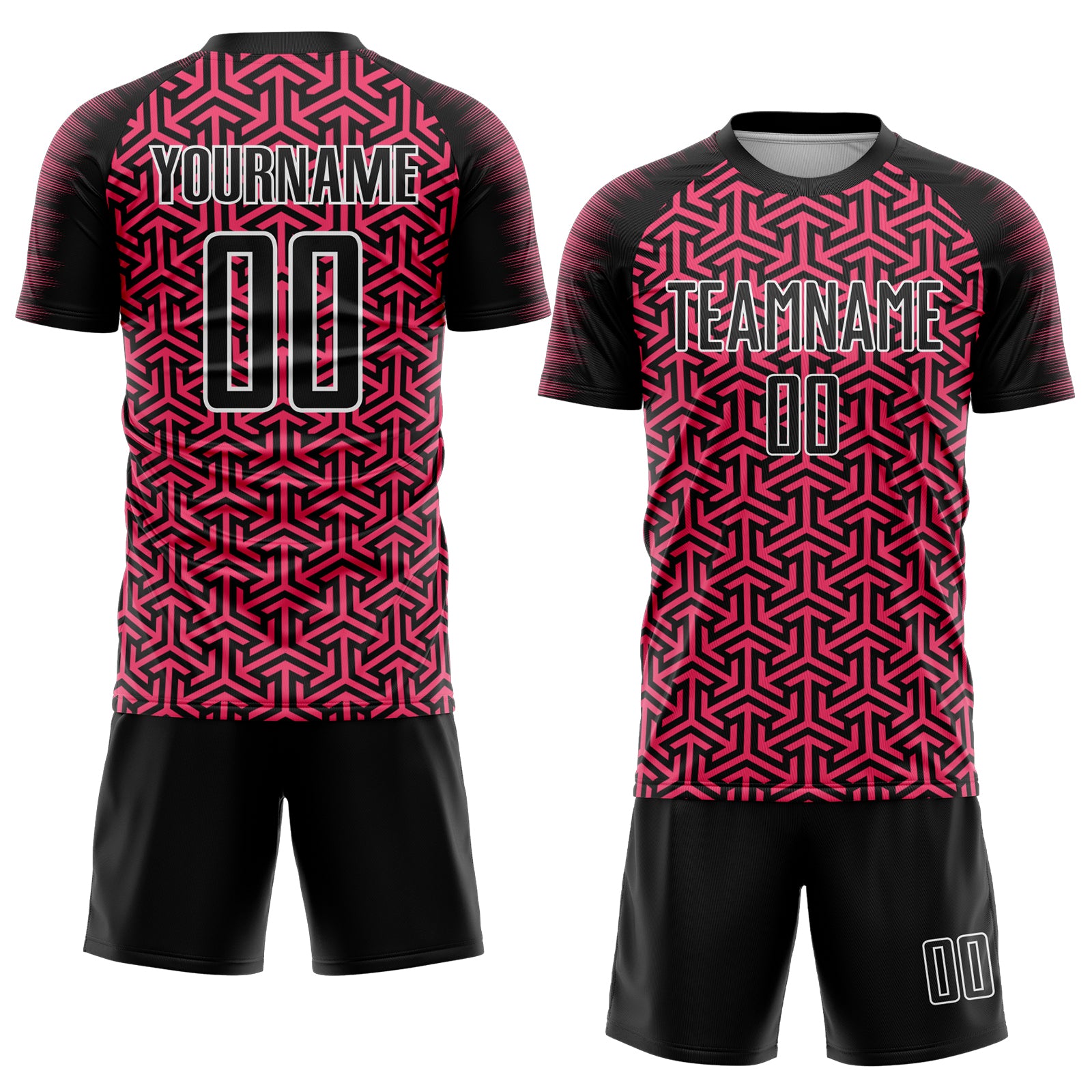 Custom Black Neon Pink-White Geometric Arrow Sublimation Soccer Uniform Jersey