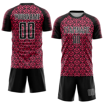Custom Black Neon Pink-White Geometric Arrow Sublimation Soccer Uniform Jersey