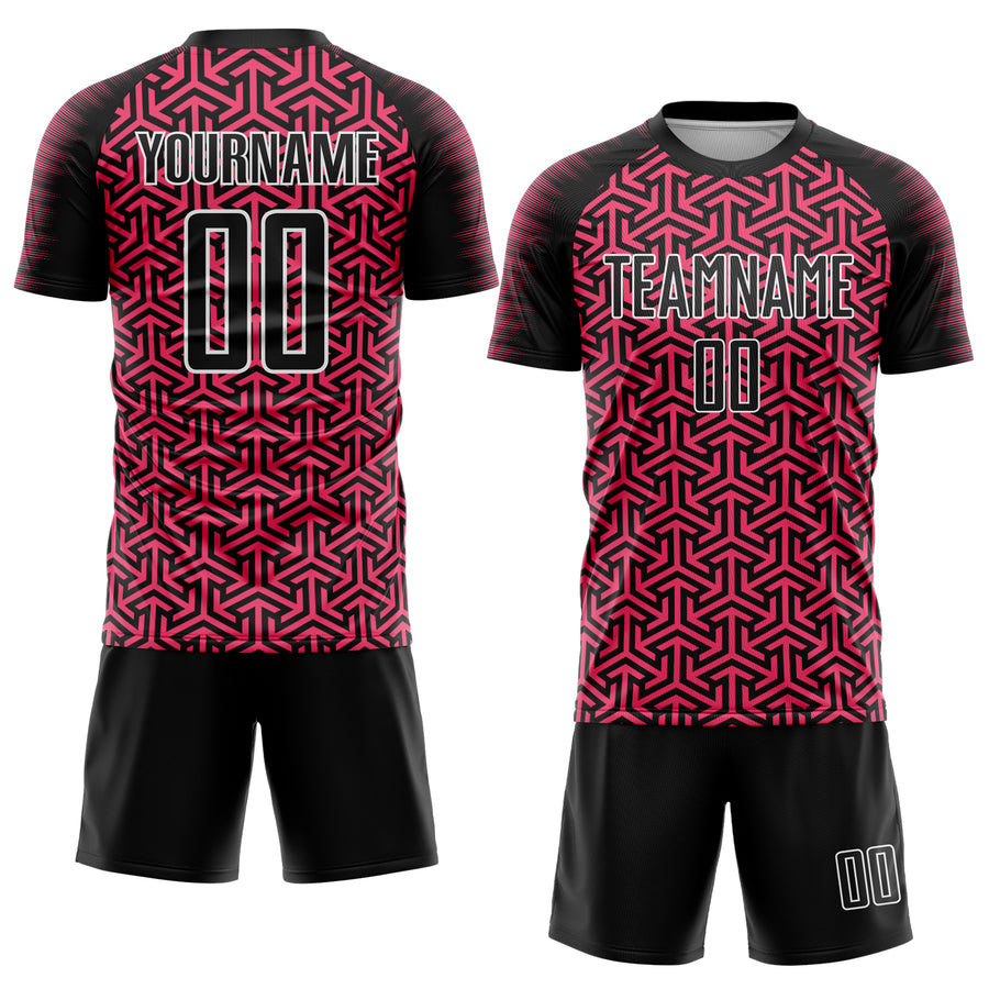 Custom Black Neon Pink-White Geometric Arrow Sublimation Soccer Uniform Jersey