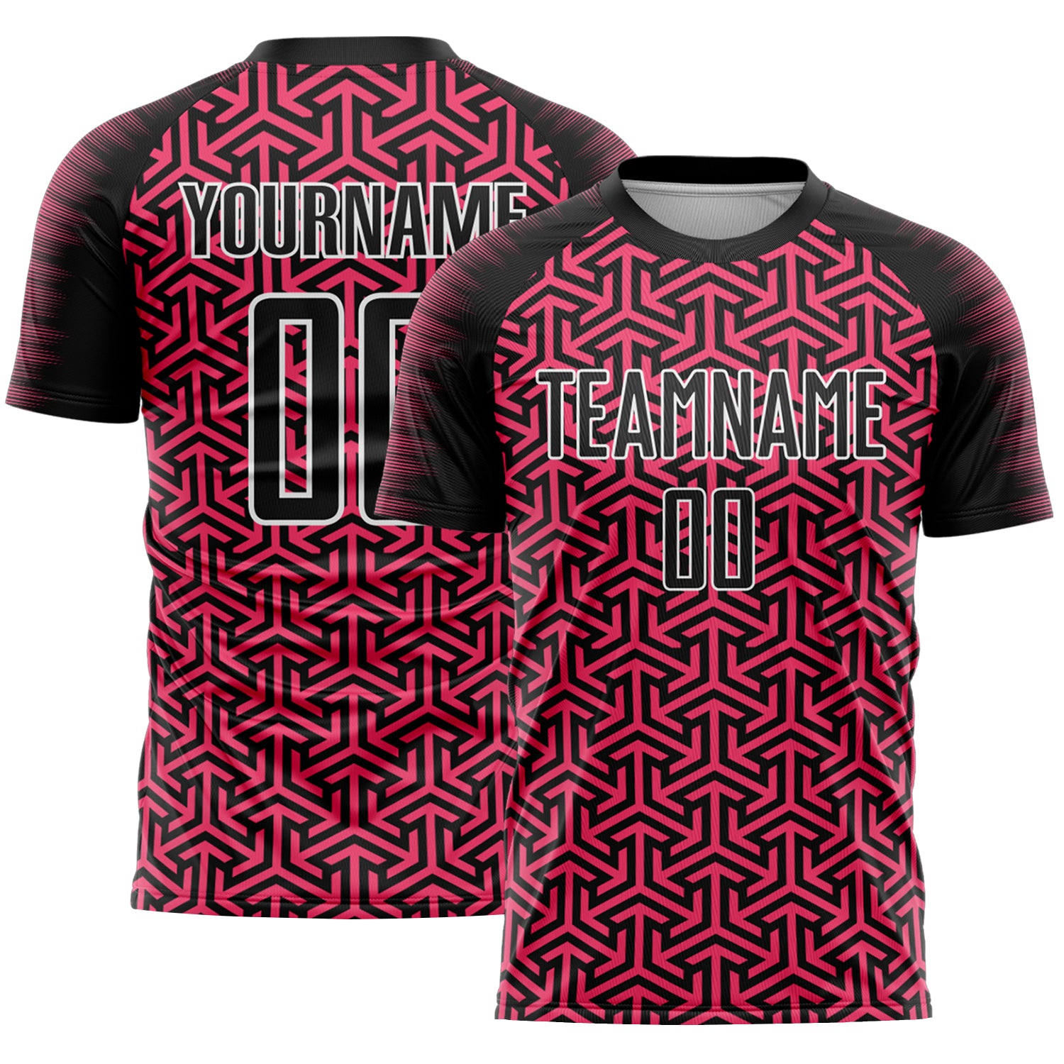 Custom Black Neon Pink-White Geometric Arrow Sublimation Soccer Uniform Jersey