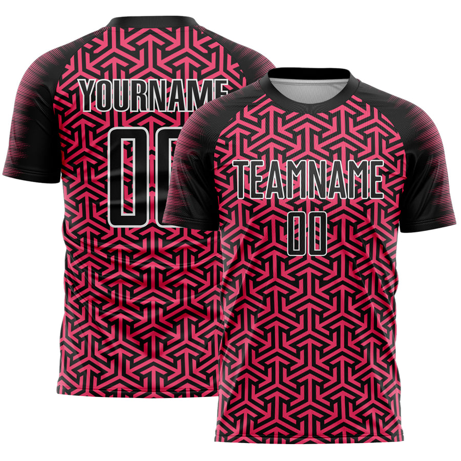 Custom Black Neon Pink-White Geometric Arrow Sublimation Soccer Uniform Jersey