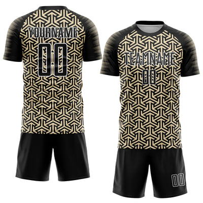 Custom Black Cream-White Geometric Arrow Sublimation Soccer Uniform Jersey