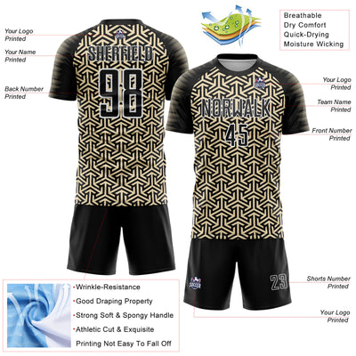 Custom Black Cream-White Geometric Arrow Sublimation Soccer Uniform Jersey