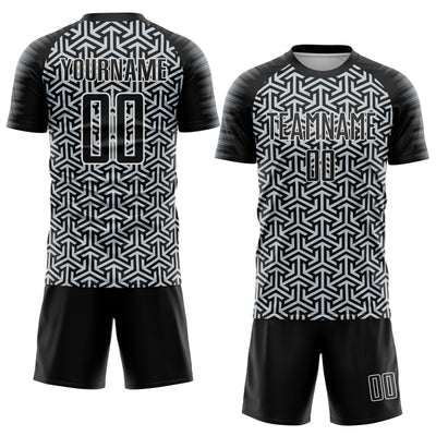 Custom Black Silver-White Geometric Arrow Sublimation Soccer Uniform Jersey