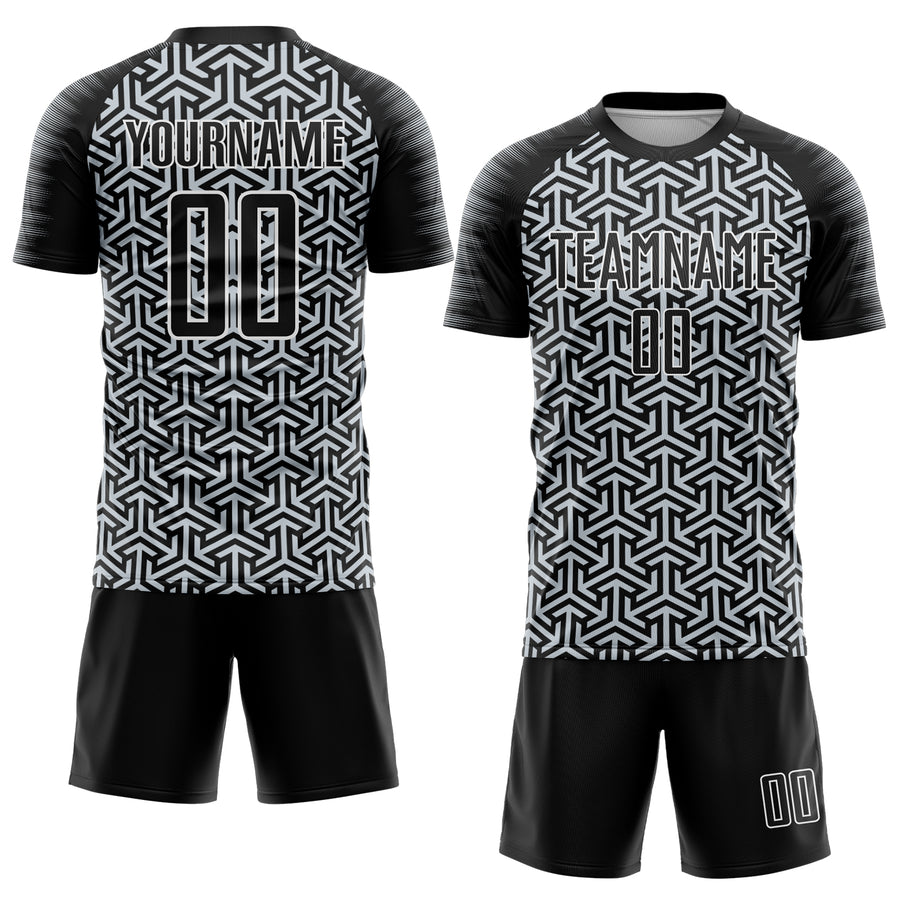 Custom Black Silver-White Geometric Arrow Sublimation Soccer Uniform Jersey