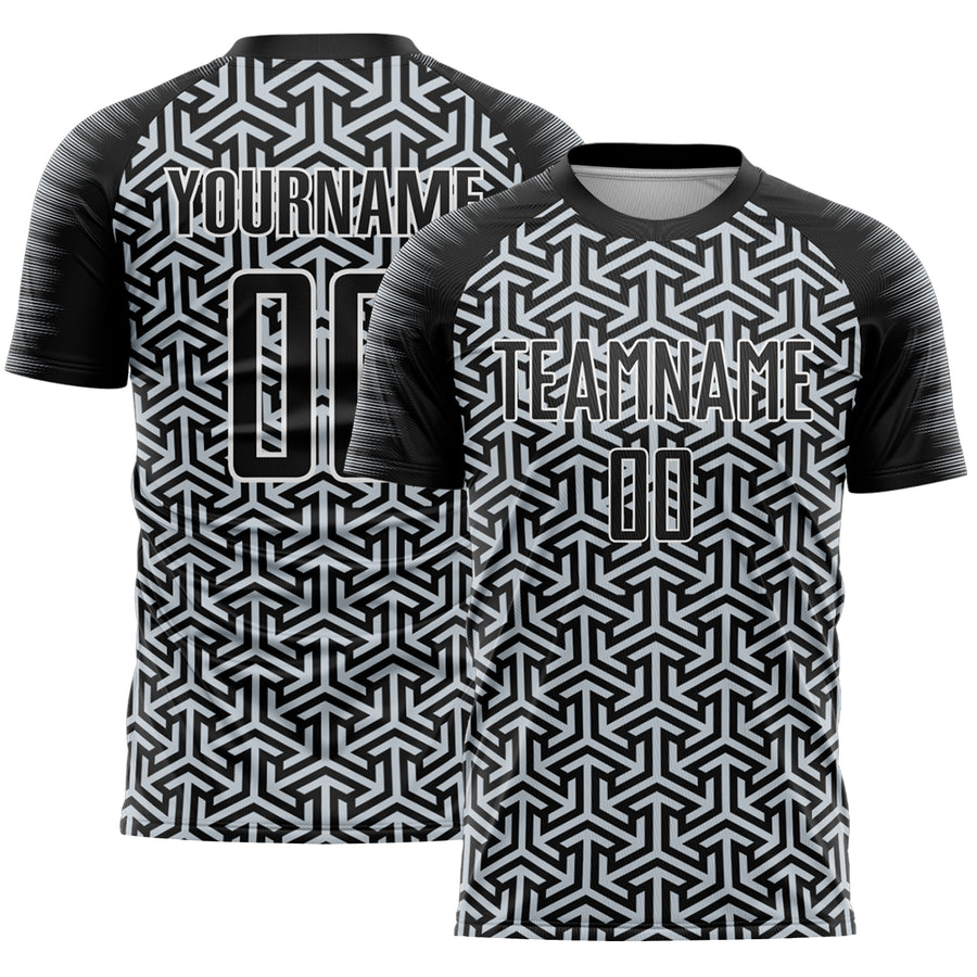 Custom Black Silver-White Geometric Arrow Sublimation Soccer Uniform Jersey