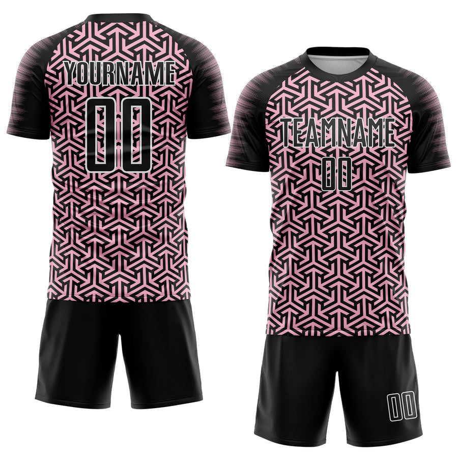 Custom Black Light Pink-White Geometric Arrow Sublimation Soccer Uniform Jersey