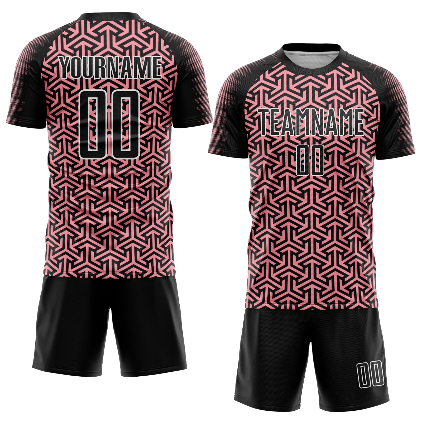 Custom Black Medium Pink-White Geometric Arrow Sublimation Soccer Uniform Jersey