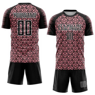 Custom Black Medium Pink-White Geometric Arrow Sublimation Soccer Uniform Jersey