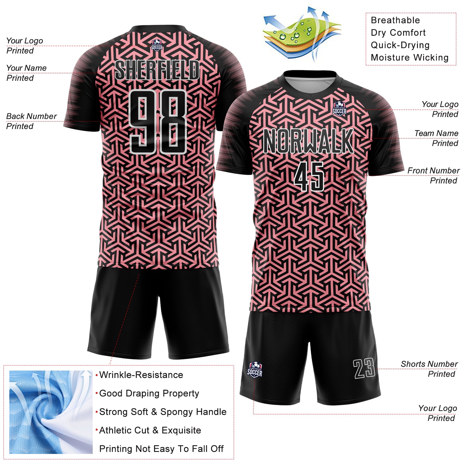 Custom Black Medium Pink-White Geometric Arrow Sublimation Soccer Uniform Jersey