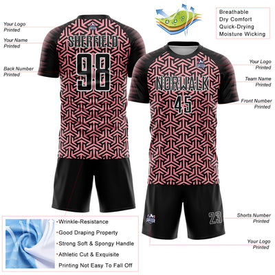 Custom Black Medium Pink-White Geometric Arrow Sublimation Soccer Uniform Jersey
