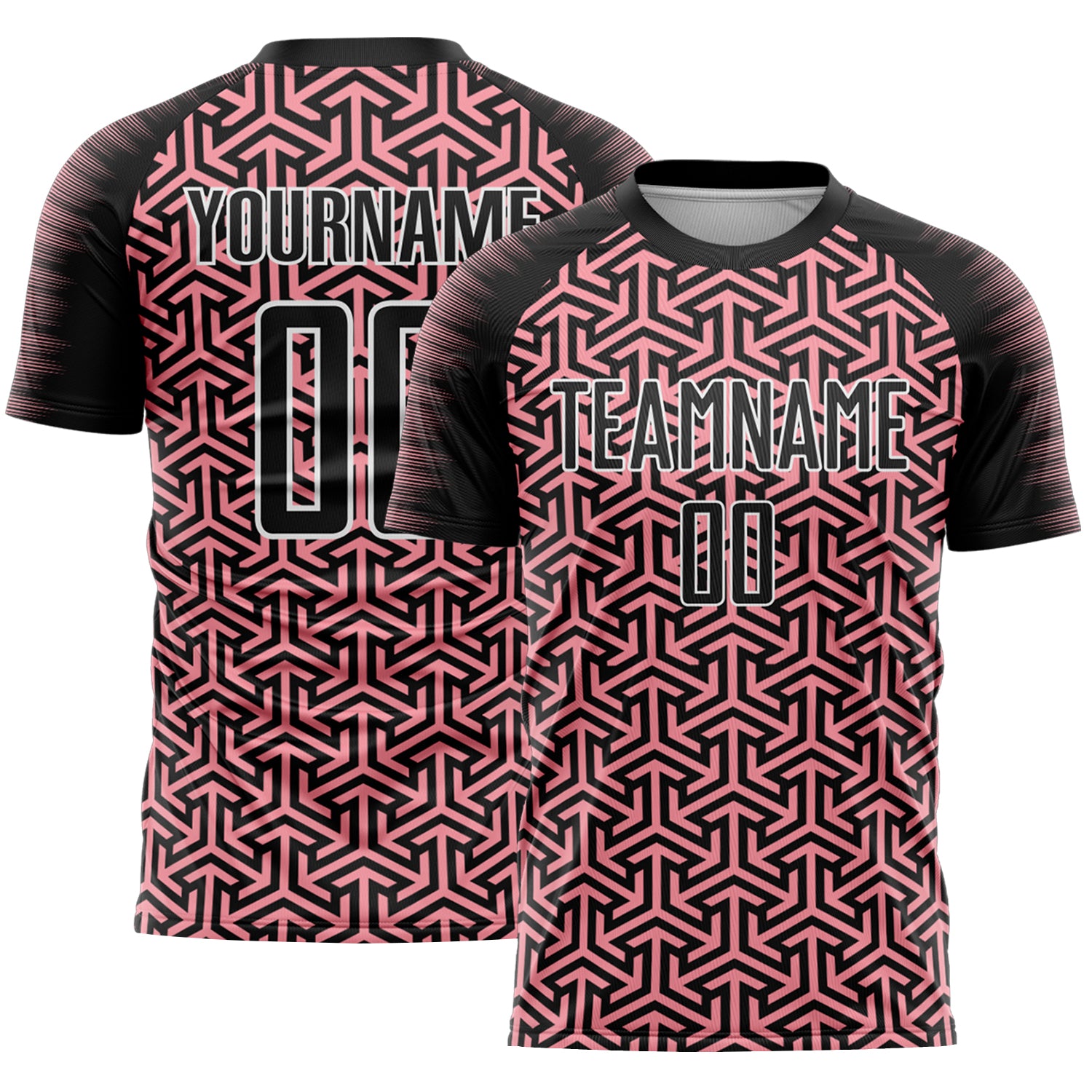 Custom Black Medium Pink-White Geometric Arrow Sublimation Soccer Uniform Jersey