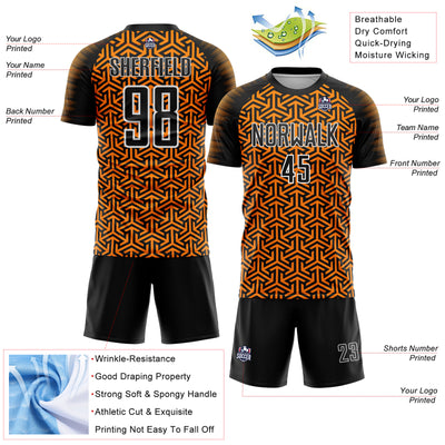 Custom Black Bay Orange-White Geometric Arrow Sublimation Soccer Uniform Jersey