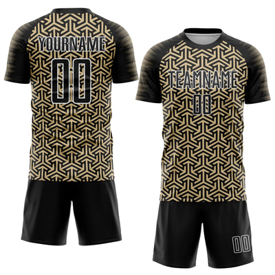Custom Black Vegas Gold-White Geometric Arrow Sublimation Soccer Uniform Jersey