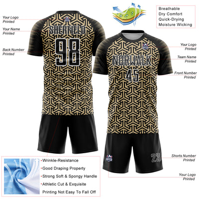 Custom Black Vegas Gold-White Geometric Arrow Sublimation Soccer Uniform Jersey