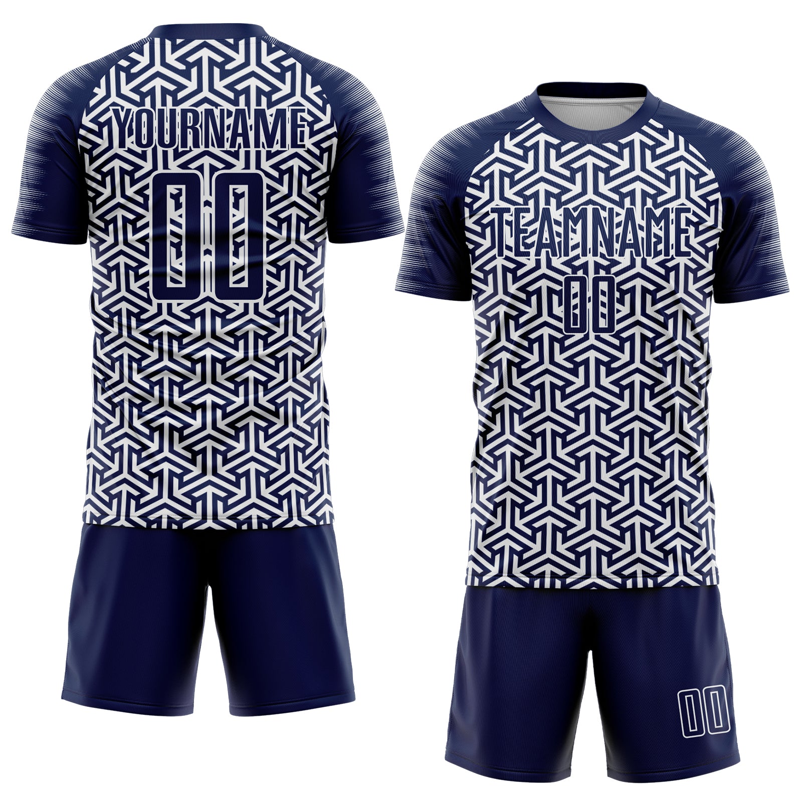 Custom Navy White Geometric Arrow Sublimation Soccer Uniform Jersey